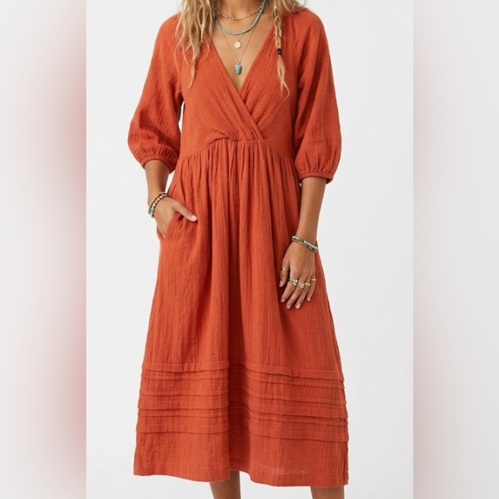 Universal Thread Burnt Orange Surplice V-Neck Pintuck Midi Dress XS Pockets